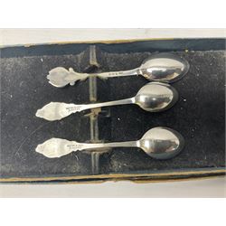 Silver plated tray, with shaped rim and embossed with a dog and crown to centre, stamped Valenti, together with three silver plated decanter labels, two port and one Bucellas, a plated cream jug with embossed floral decoration and a pair of plated fish knives engraved with double headed eagle to handle, tray W25.5