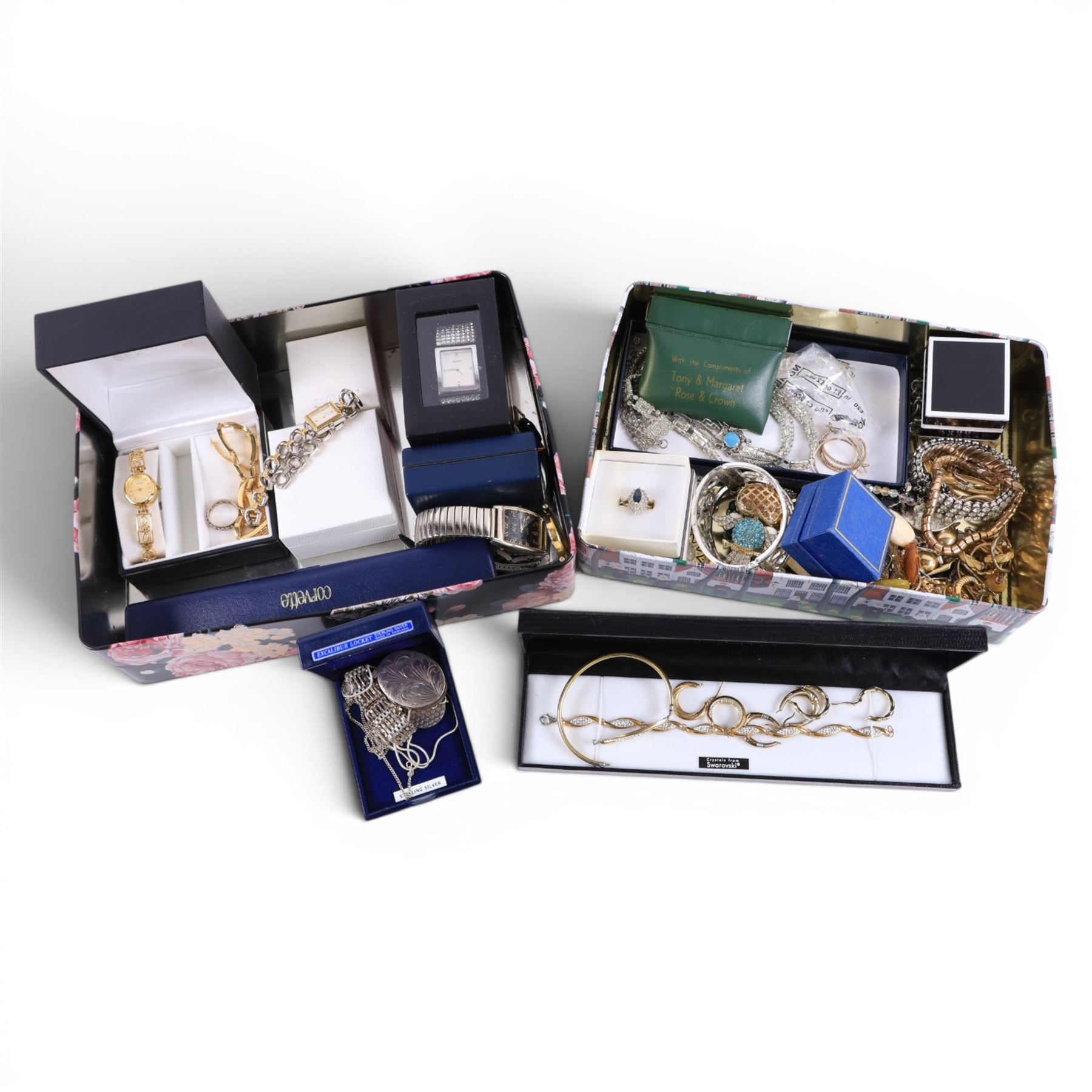 Silver jewellery, including locket, gate bracelet, St Christopher, silver-gilt hoops and bracelets and a collection of costume jewellery and wristwatches