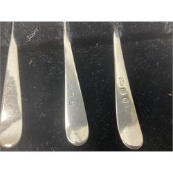 Set of six 1920's silver coffee spoons, hallmarked Sheffield, contained within a fitted case, together with a set of five George III bright cut engraved teaspoons, also cased, approximate total silver weight 77 grams