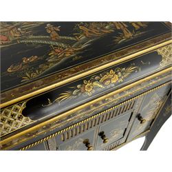 Early 20th century Chinoiserie lacquered gramophone cabinet, the lid decorated with raised gilt work, traditional landscape and figural scenes, fitted with 'Apollo' 'No. 114' gramophone, cupboards below, on cabriole supports