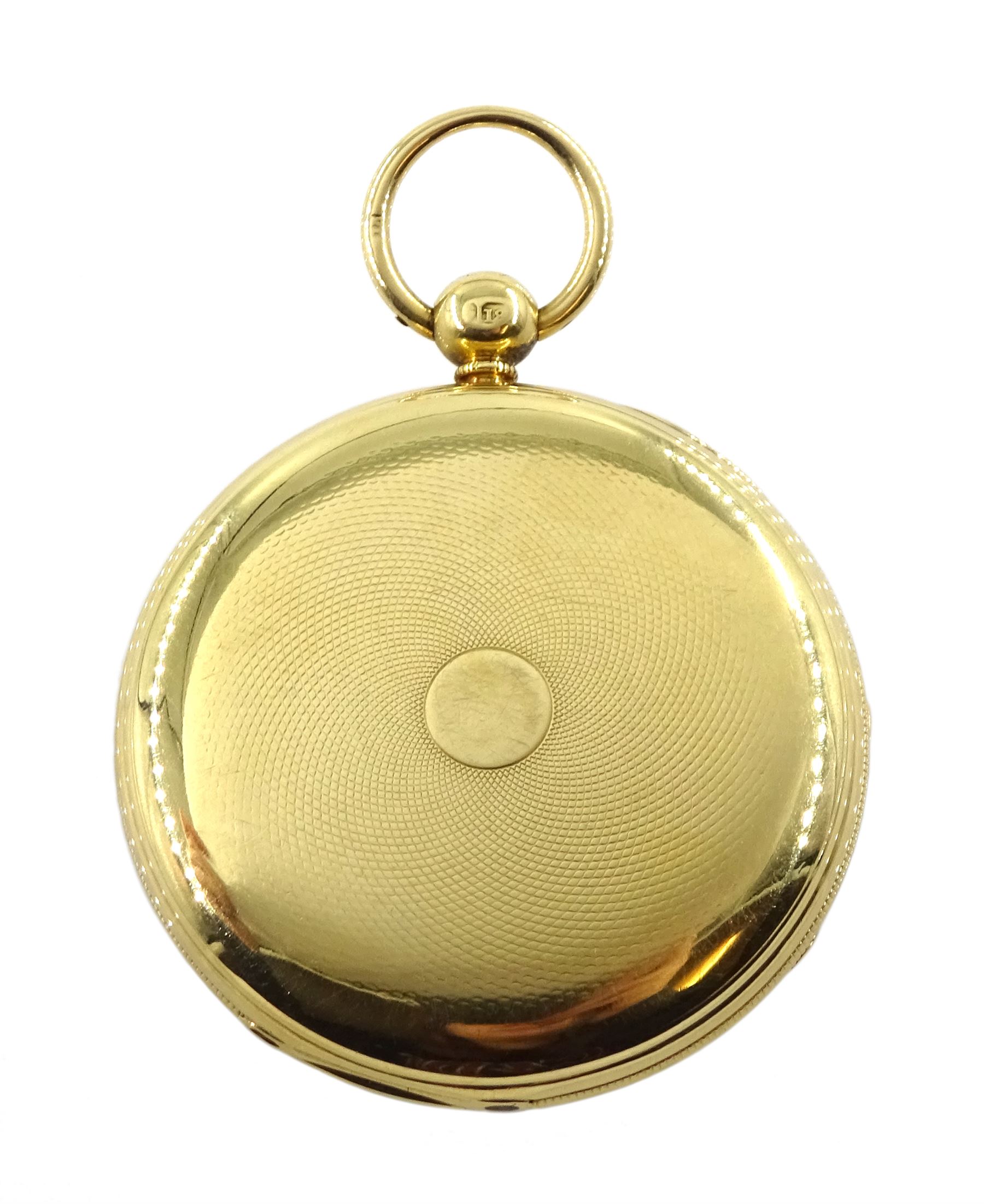 Victorian 18ct gold open face duplex fusee pocket watch by William Johnson, Strand London, No. 7681, white enamel dial with Roman numerals and subsidiary seconds dial, engine turned case, makers mark L C, London 1849