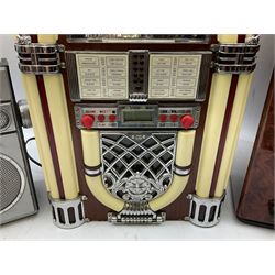 CD player in the form of a juke box, together with a Ferguson stereo and a vintage style radio