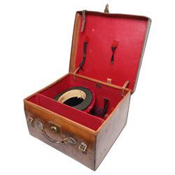 Victorian leather travelling case for hats, with C.A. Dunn top hat, the case with impressed Army & Navy Makers mark, the lid with the initals W.S.H.S, with key, H31cm, W45cm, D50cm