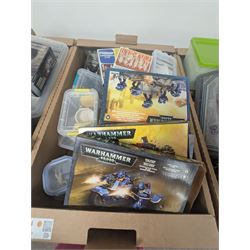 Collection of modelling equipment, kits, accessories, loose lego, including Games Workshop Warhammer 40000, military figures, etc, in four boxes, 