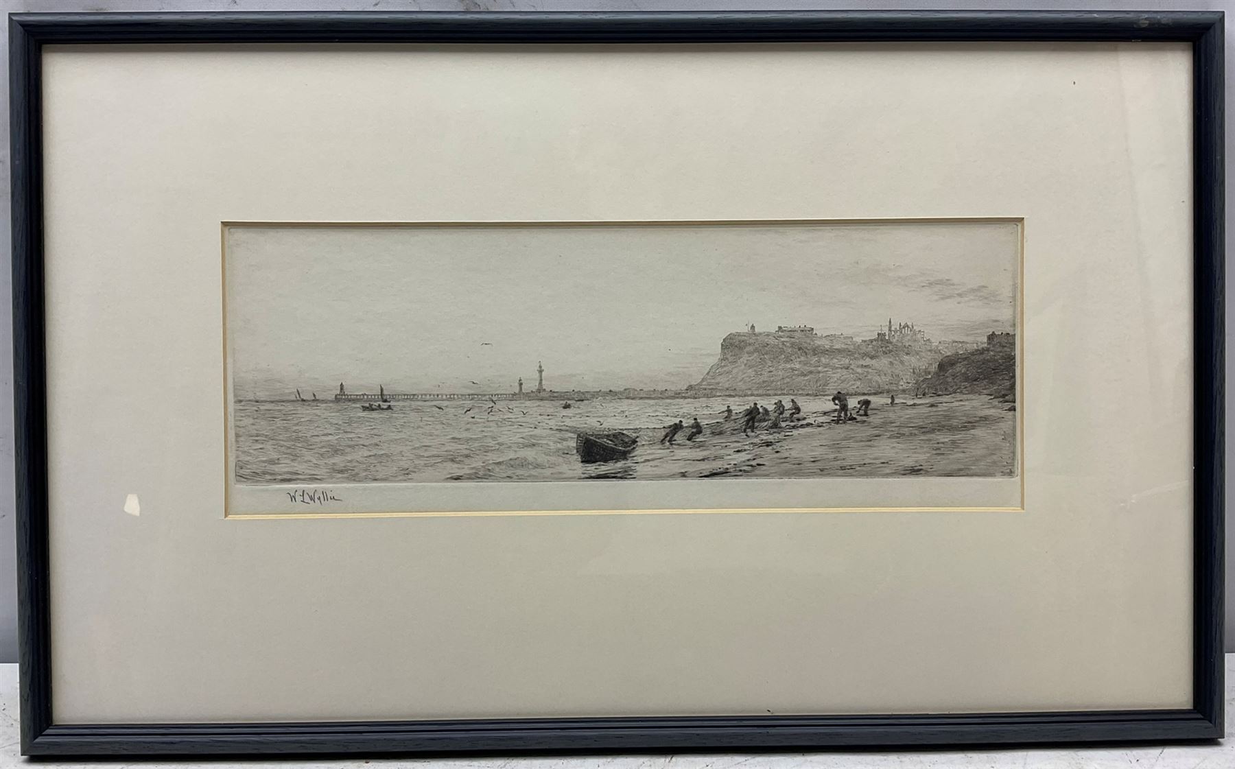 William Lionel Wyllie (British 1851-1931): 'Whitby' - Hauling in the Nets on Upgang Beach, dry point etching signed in pencil 12cm x 33cm
Provenance: with The Horner Galleries Sheffield, original title label verso