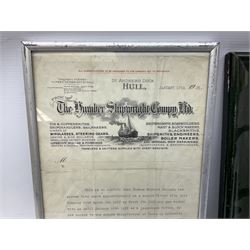 WW1 Christmas 1914 greeting card from Lord Nunburnholme East Yorkshire Regiment; typed reference for an employee of The Humber Shipwright Co. Ltd. dated 1929; and two photographs of Hull ships - Humber Ferry and the tanker 'Whitank'; all framed (4)