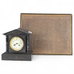 Victorian black slate mantle clock, John Speed 'Yorkshire' map, framed H40cm, W50cm 
