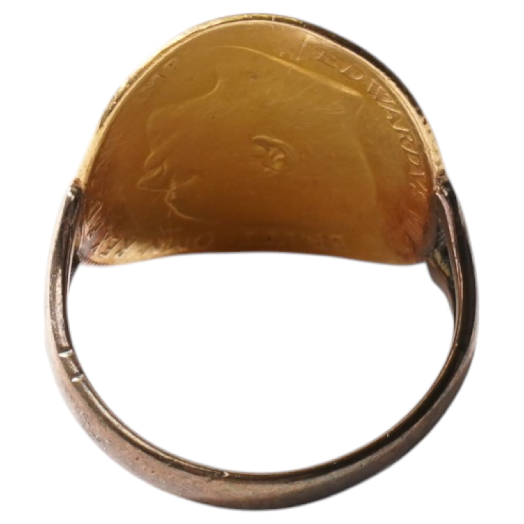 King Edward VII gold half sovereign coin curved ring, on soldered 8ct gold shank