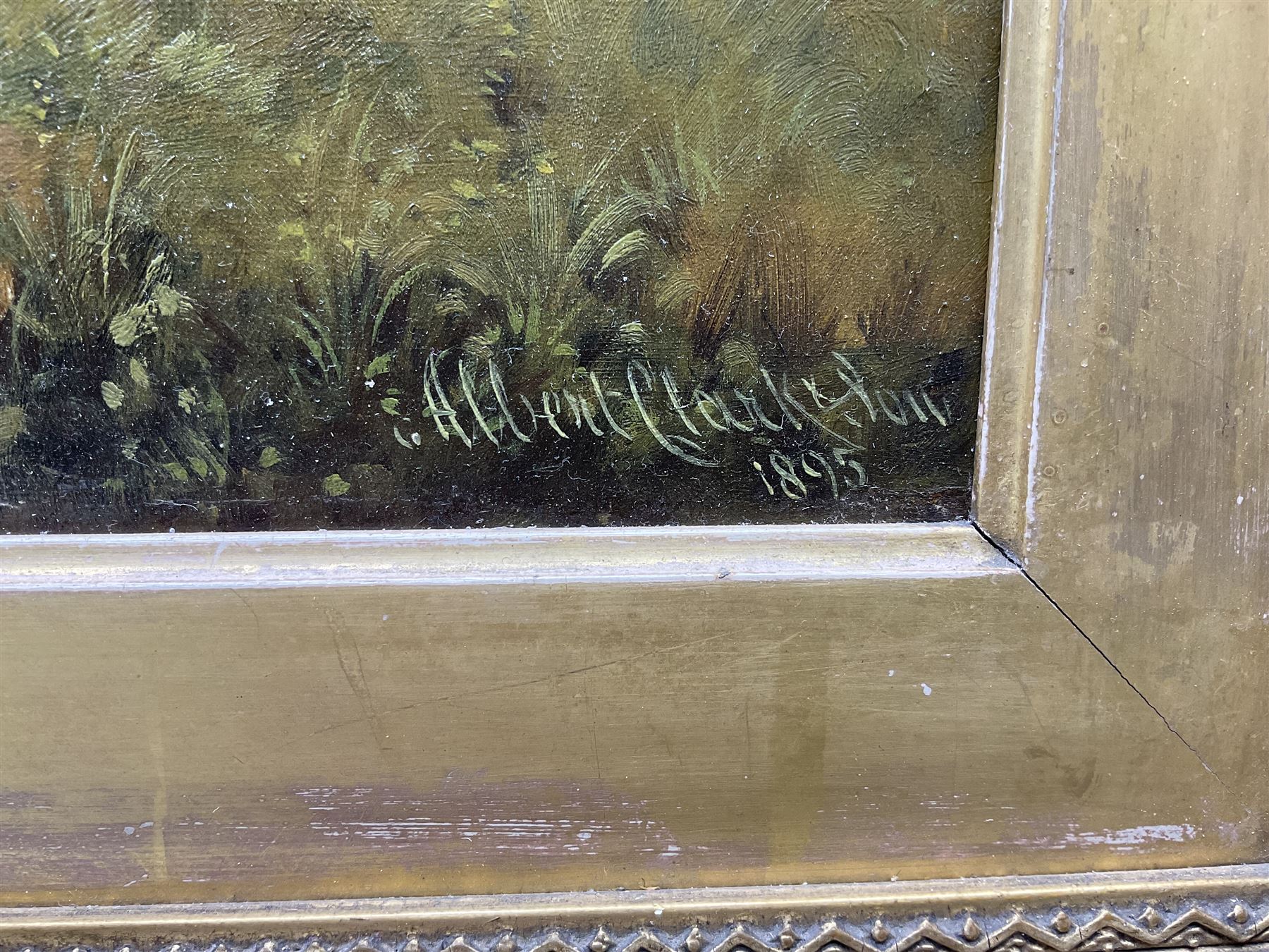 Albert Clark Snr. (British 1821-1909) and Albert James Clark (fl.1890-1943): 'Elford Captain' Portrait of a Shire Horse in Landscape, oil on canvas signed 'Albert Clark and Son' and dated 1895, 50cm x 60cm 