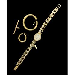 9ct gold jewellery, including ladies Accurist wristwatch on integrated 9ct gold bracelet, hallmarked, rose gold T bar and two gold single earrings