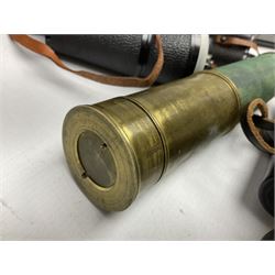 Brass telescope, together with Zenith 7 x 50 field binoculars, two polaroid cameras and other cameras and equipment 