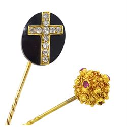 19th century 14ct gold black glass stick pin,with applied gold old cut diamond cross, glazed back with detachable pin and one other gold ruby stick pin with cannetille decoration