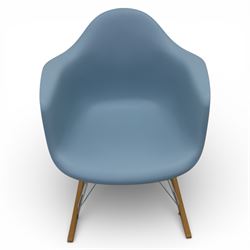 Vitra - RAR rocking chair, moulded plastic shell in ice grey with integrated arms, raised on chrome wire supports with stained wooden rocking runners