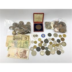 Coins including enamelled King George V 1927 Australia one florin, King George V Great British 1931 half crown, various pre-decimal pennies, 'Scarborough School Board' cased medallion etc 
