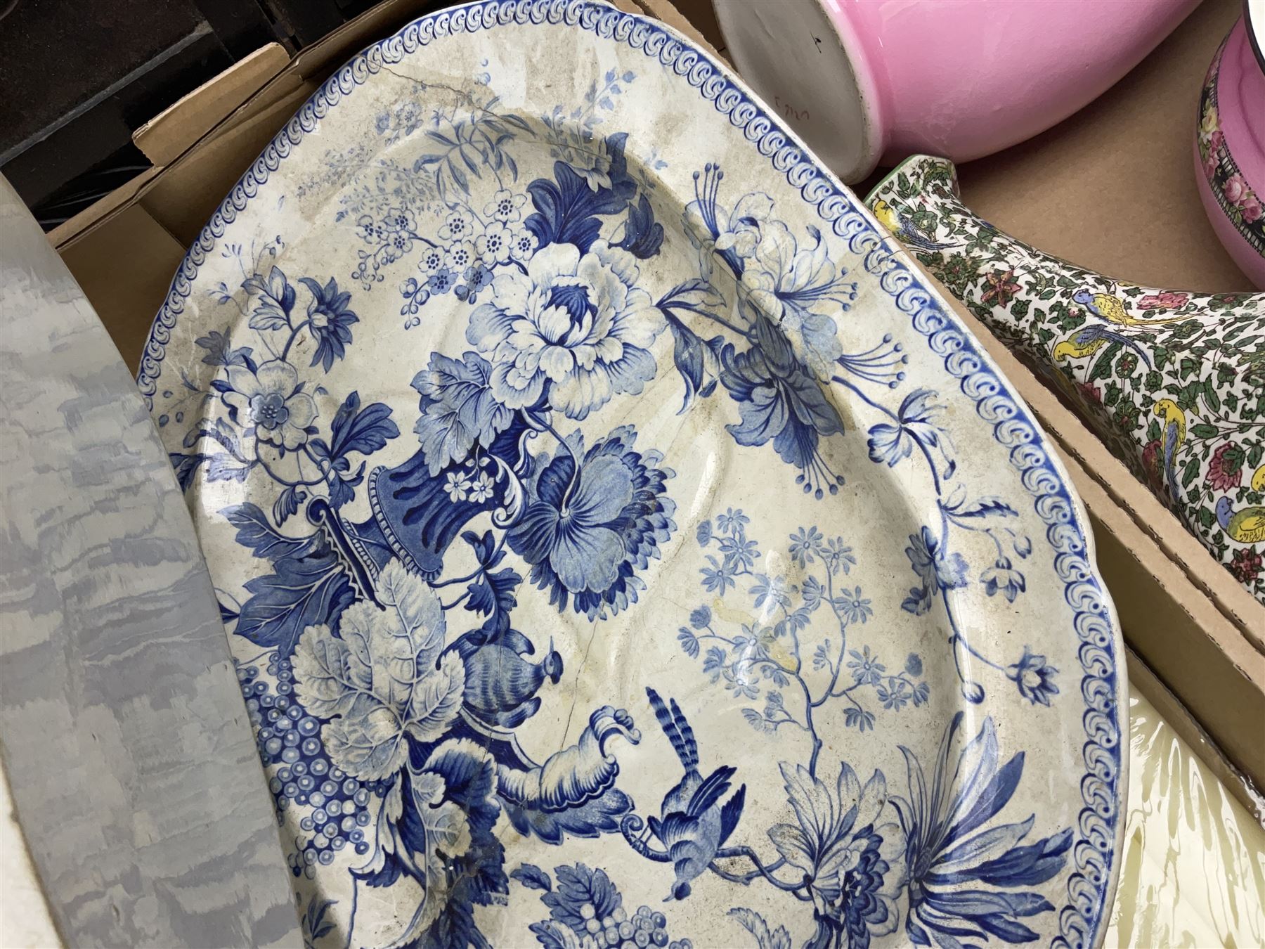 Blue and white meat platter and a similar blue and white meat draining plate, together with a pink ceramic floral jug and bowl, three packs of church candles and a wooden screen, etc 