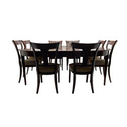 Grange Furniture - cherry wood finish oval extending dining table on square tapering supports, and a set of eight dining chairs with curved backs and upholstered seats 