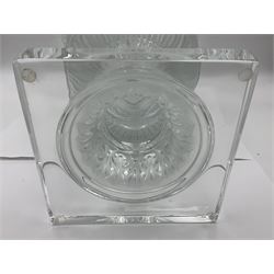 Large and impressive Lalique Versailles pattern glass vase, of classical baluster form with gadrooned flared rim, the body moulded in relief with fruiting vines above part fluting, upon a spreading circular foot with moulded decoration, and plain square plinth base, signed Lalique France to side of plinth, overall H35cm, with original box 