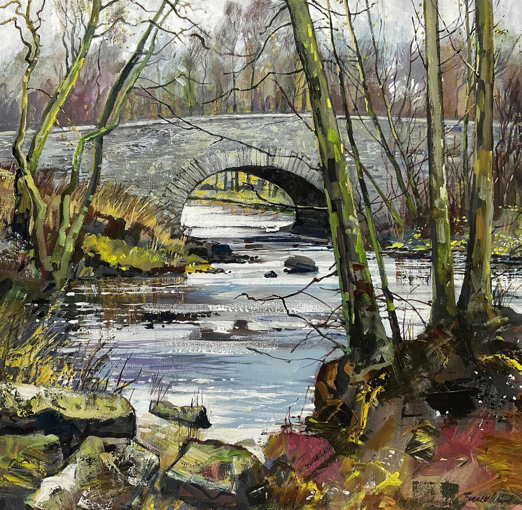 Frances Winder (British Contemporary): The Old Stone Bridge, acrylic on canvas signed 59cm x 59cm