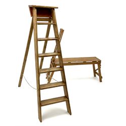 Vintage pitch pine step ladders (H156cm) and a folding timber bench