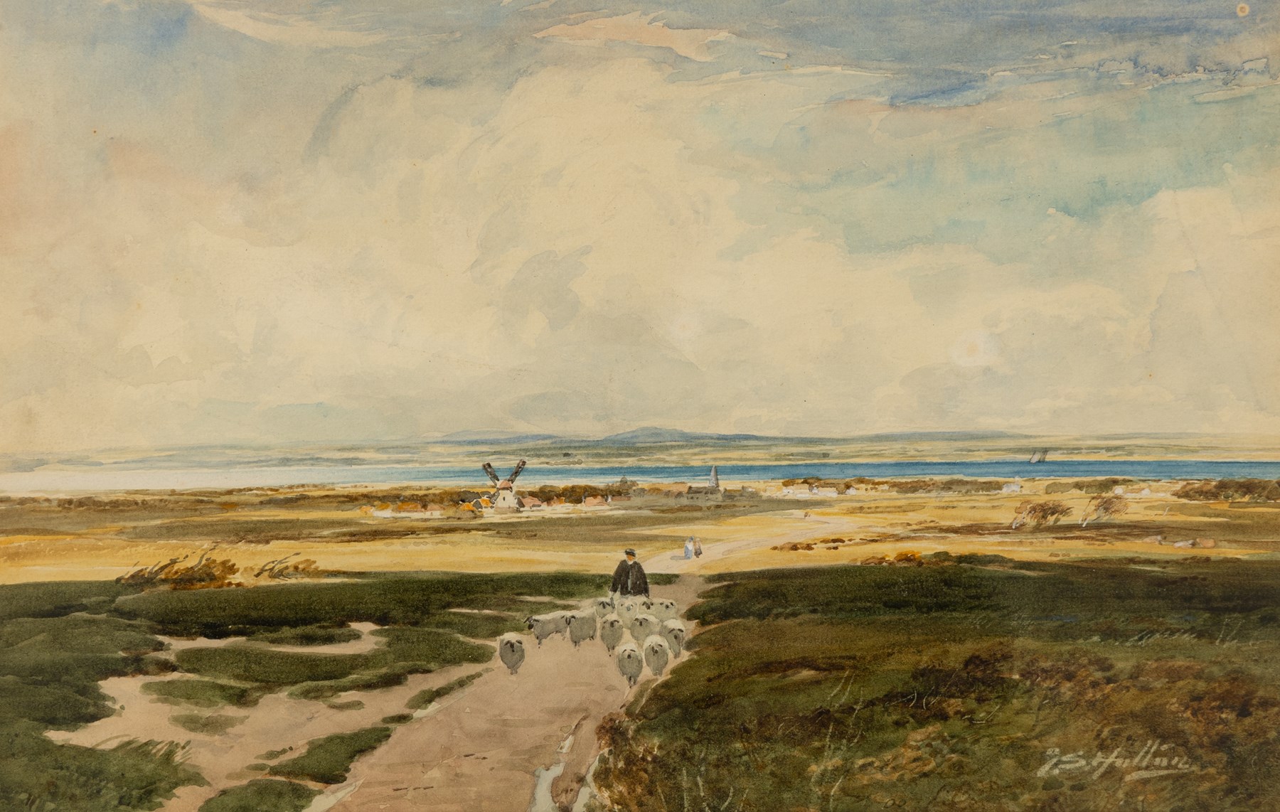 Thomas Swift Hutton (British 1860-1935): Shepherd Herding Flock through a Flat Landscape, watercolour signed 20.5cm x 32.5cm