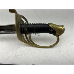 Replica Confederate States Army officer's sword, with brass pommel, black leather hand grip, the 85cm single edged blade marked CSA, in a metal and brass scabbard, L106cm