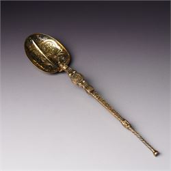 George III silver pap boat with gilded interior London 1799 and a silver gilt copy of the Coronation spoon, cased L25cm London 1936 Maker Wakely & Wheeler