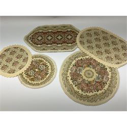 Royal Doulton part dinner service in Old Leeds Sprays pattern,  to include cheese dome, teapot and stand, egg cups etc, together with a selection of floral doilies.  