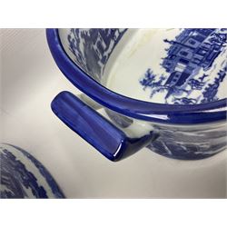 Three Victoria Ware blue and white footbaths, each with twin lug handles and transfer print decorated with city scape, largest H21cm