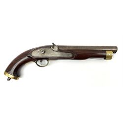 Early 19th century percussion cap cavalry pistol with round 23cm unsighted barrel, borderline engraved action lock (lacking hammer), walnut full stock with heavy brass furniture, iron lanyard ring to the flat butt cap and long flat retaining spring below fore-end for captive ramrod (missing) L41cm overall