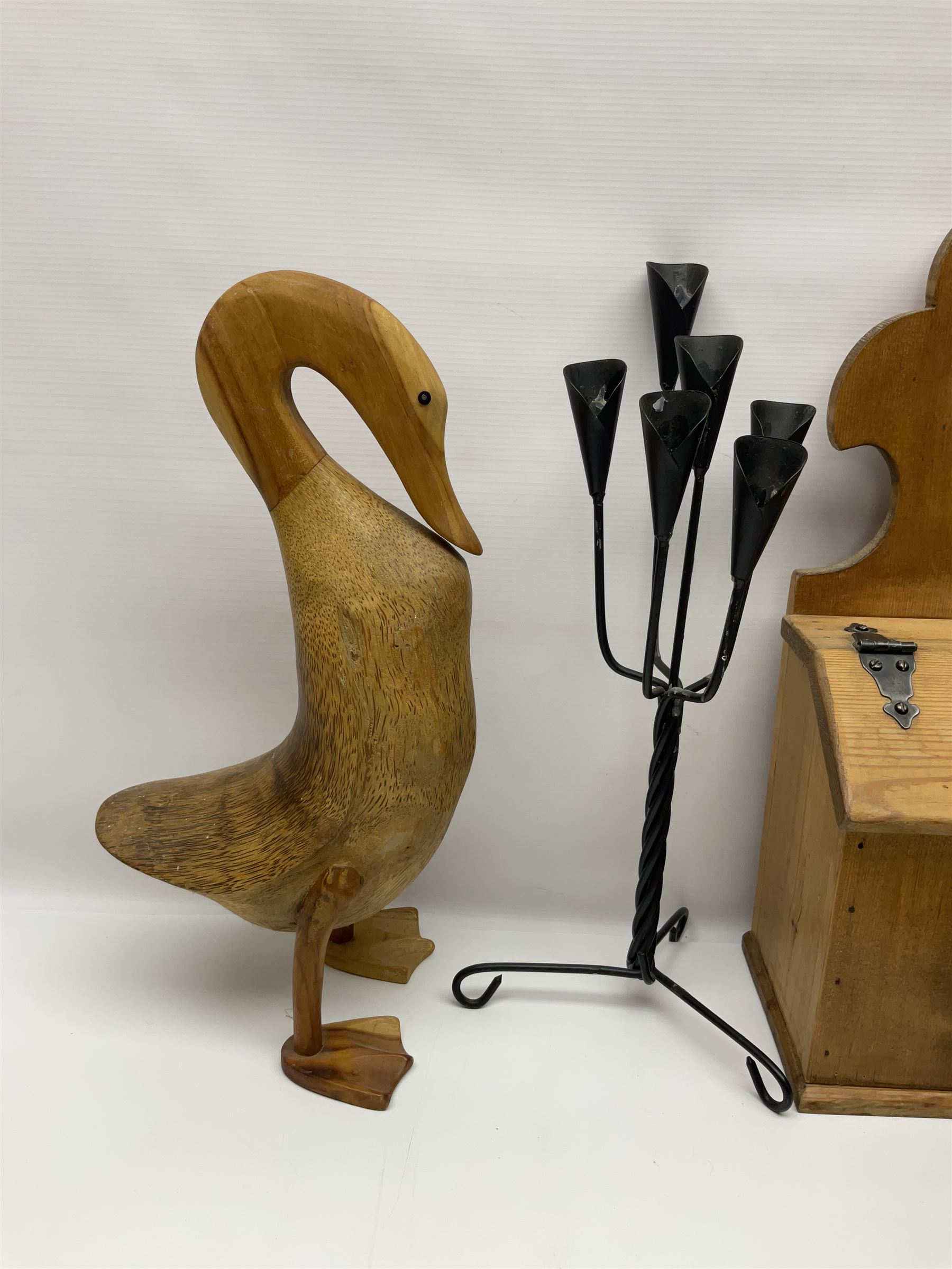 Wooden candle box, together with two barley twist candlesticks, carved duck and other collectables 