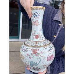 Chinese Qing Dynasty famille rose baluster vase decorated with bats, peaches etc with Tongzhi marks H40cm