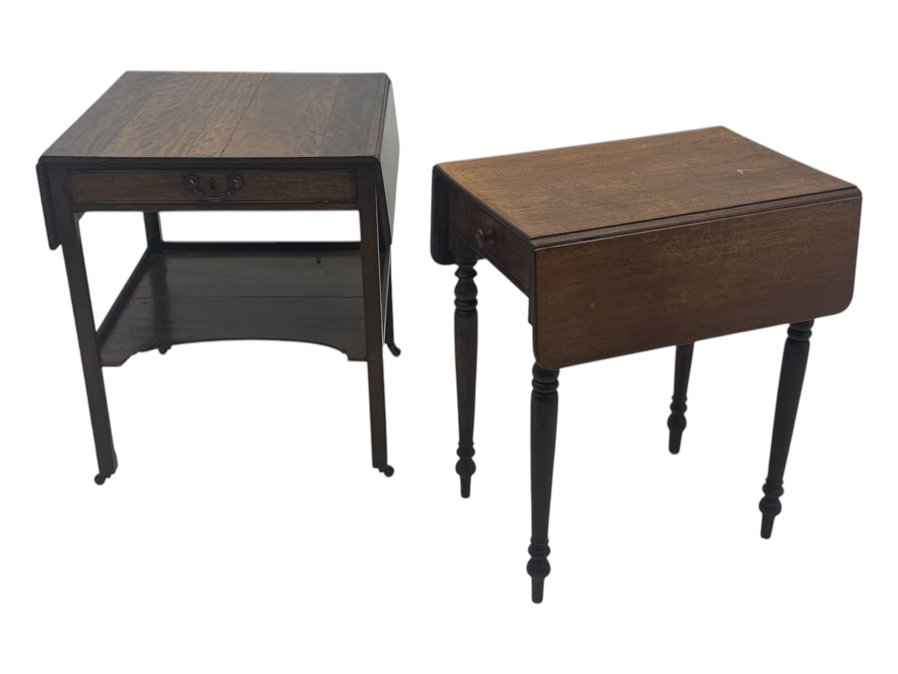 Georgian design mahogany drop-leaf table, rectangular top above a single drawer with brass handle, square supports united by arched undertier, on brass castors (W62cm, D65cm, H72cm); and a smaller mahogany drop-leaf table with single drawer on turned supports (W43cm, D61cm, H72cm)