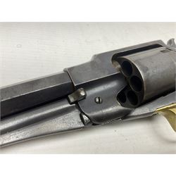 Unmarked Spencer & Rogers type Remington style .44 cal. six-shot percussion revolver, 20cm octagonal barrel with loading lever under, brass trigger guard and two-piece wooden grip L37cm overall; together with a framed watercolour by Alan J. Gray dated 2009 entitled 'The Remington .44 Calibre 1861 Navy Revolver'  19 x 42cm (2)