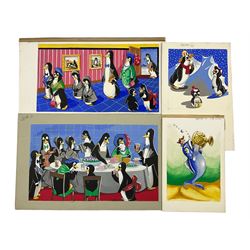 English School (Mid 20th century) Penguins, set of three gouache illustrations, max 25cm x 44cm, together with a similar illustration of a fish by the same hand 18cm x 25cm (4)