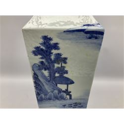 18th century Chinese blue and white vase, of square section tapering form with waisted neck and twin mask ring lug handles, decorated with a mountainous landscape populated with huts, pagoda, bridge, boats and figures, H43cm