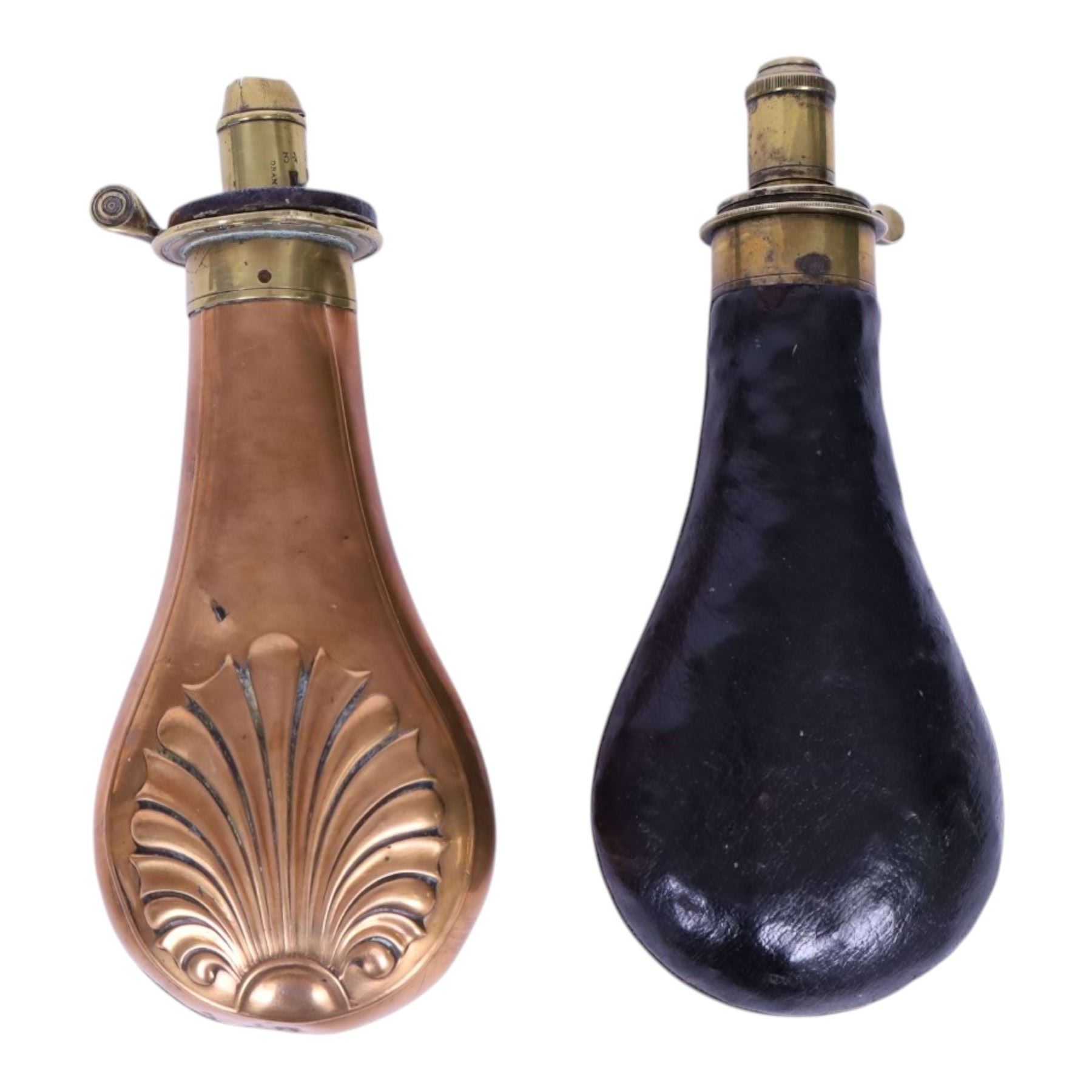 Two James Dixon & Sons powder flasks, together with a collection of pen knives  