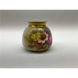 Royal Worcester vase of squat form, shape no 158, hand painted with flowers, signed Theeman, with printed mark beneath, H8cm