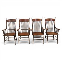 Set of eight 19th century ash and elm spindle back Windsor armchairs, arched top rails above fan-shaped spindle backs, curved arms with turned supports, shaped saddle seats, on turned legs joined by H-stretchers