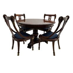 Regency style dining set - the table with circular tilt-top on turned and carved column, concaved triangular platform with three scroll carved feet, together with set four rope twist dining chairs with upholstered drop in seats