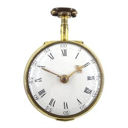 18th century gilt pair cased verge fusee pocket watch by Robert Hyland, London, No. 13345, round baluster pillars, pierced and engraved balance cock, white enamel dial with Roman hours and outer Arabic minute ring, beetle and poker hands, the outer tortoiseshell case with pique work borders