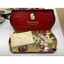 American Nylint large scale tin-plate car transporter L59cm carrying a Testor Toys plastic car; Tonka tin-plate mobile crane; boxed Sarony Cigarettes tin-plate roulette game with rules; and Japanese style tin-plate box, the lid inset with a revolving poker dice game (4)