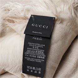 Gucci - GG pattern silk and wool blend shawl with fox fur trim and with fringe detail, 180cm x 180cm, unused with original box