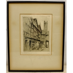  Thomas Hart (British 1830-1916): 'Castle Rock, Lynton', watercolour signed, titled on the mount, Geoffrey H Douthwaite (British 20th century): Scarborough Harbour, watercolour signed, and a drypoint etching of Chester indiscinctly signed in pencil, max 33cm x 47cm (3)  