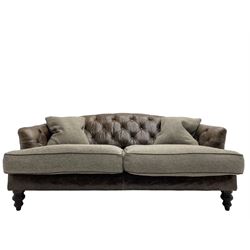 Tetrad - 'Dalmore' traditional shaped two seat sofa, upholstered in buttoned brown leather with contrasting wool seat cushions, together with scatter cushions, on turned front feet
