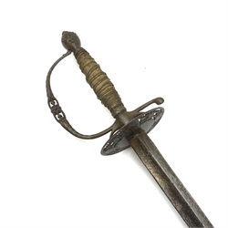 Georgian small sword, 76cm tri-form blade with signs of engraving, cut steel hilt with oval floral and pierced guard overall 93cm
