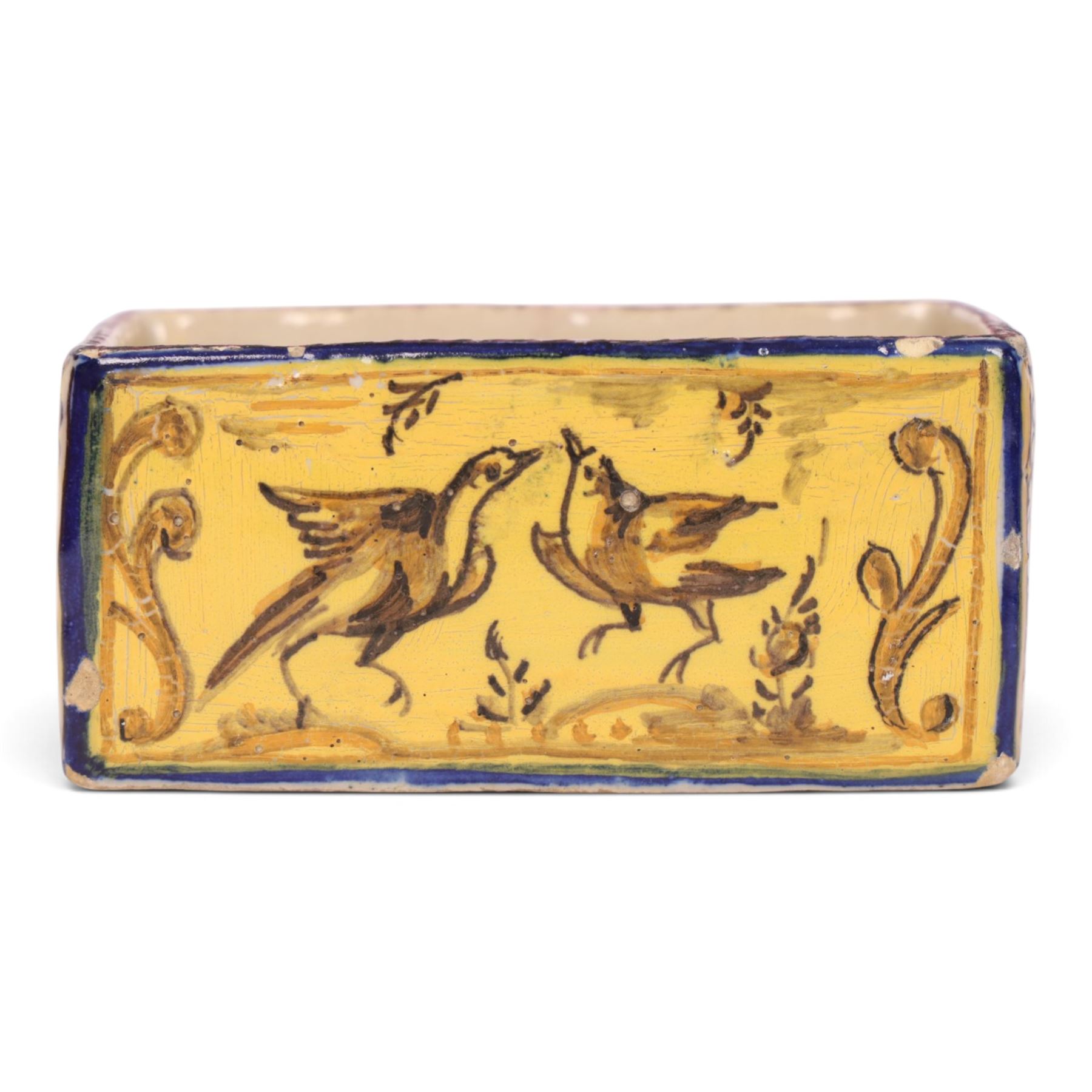 19th century Spanish faience pot of rectangular form with polychrome tin glaze decorated depicting birds and rabbits upon a yellow ground, H6cm, L12cm