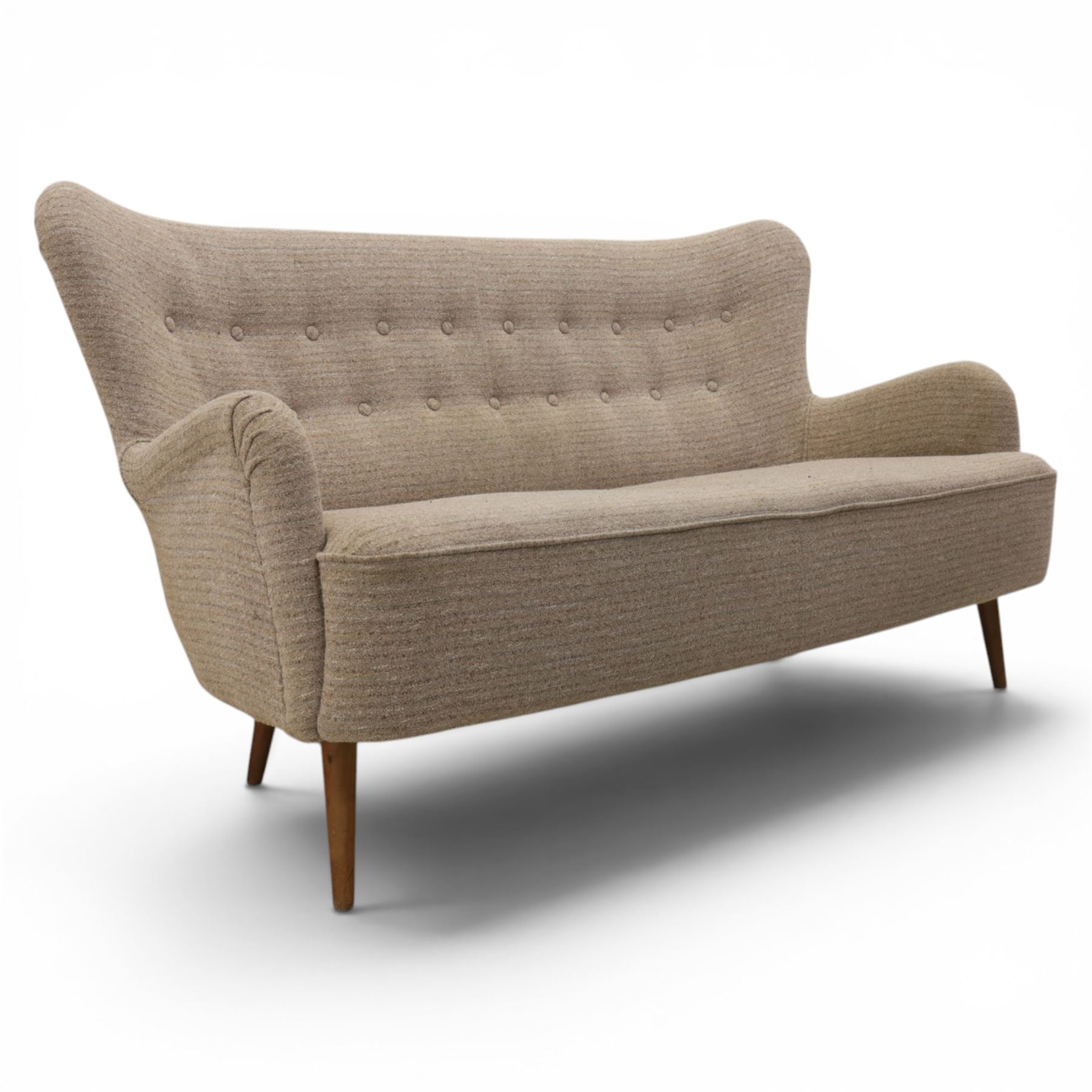 Ernest Race (British 1913-1964) - mid-20th century DA3 wingback settee upholstered in buttoned beige fabric