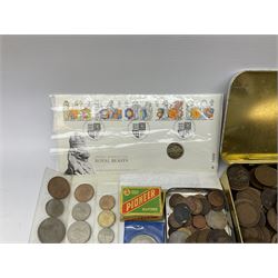 Great British and World coins including Queen Victoria 1887 and 1888 double florins, King George V 1929 halfcrown, King George VI 1951 Festival of Britain crown, commemorative crowns, Queen Elizabeth II 1953 nine coin set in blister pack, 1989 and 1995 two pound coins, various pre-decimal pennies and other coinage