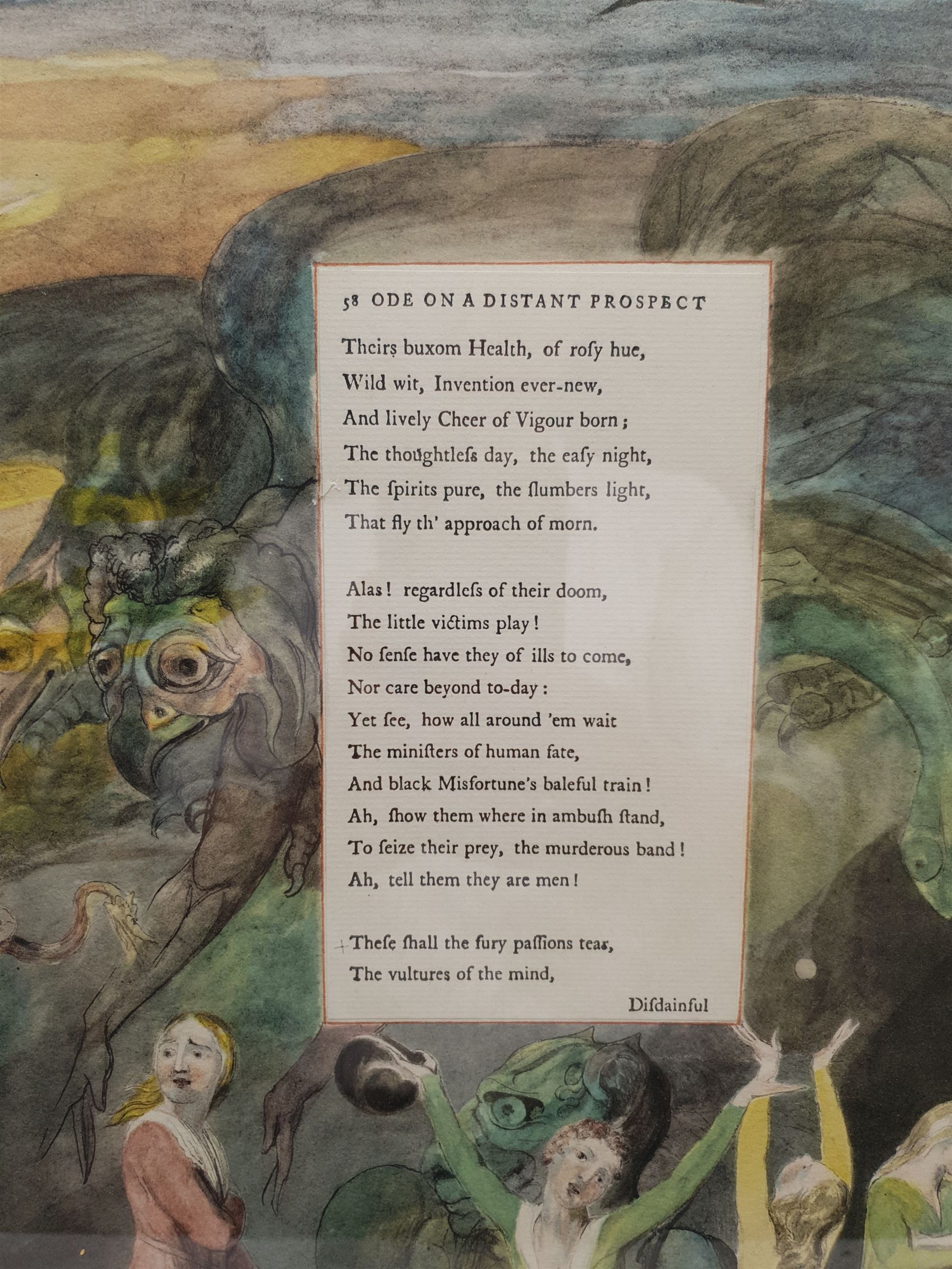 English School (Early 20th century): 'Ode on a Distant Prospect [of Eton College]', typewritten poem surrounded by a hand-coloured print of mythical figures unsigned 40cm x 32cm