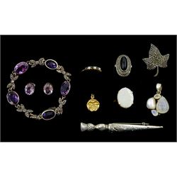 Gold single stone opal ring, moon pendant and gold opal and sapphire ring, all 9ct and a collection of silver jewellery including amethyst and marcasite bracelet, amethyst stud earrings, garnet and marcasite ring, brooches and pendant